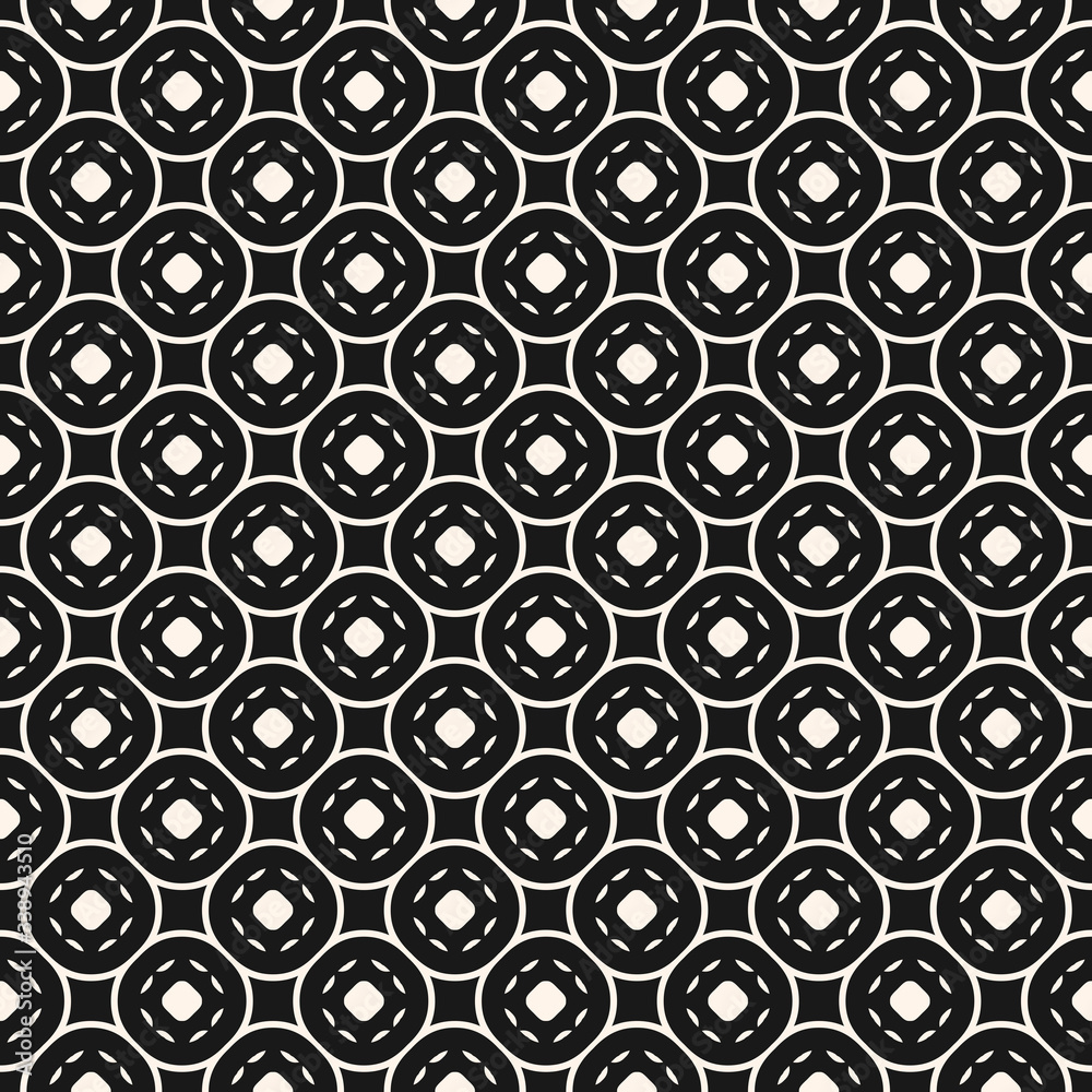 Vector geometric texture. Abstract geometrical seamless pattern with circular mesh, curved lines, circles. Simple dark monochrome abstract background, repeat tiles. Design for prints, textile, package