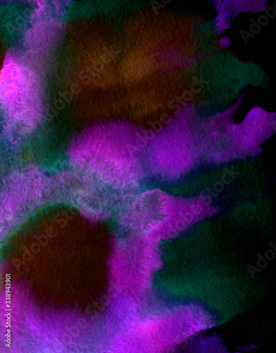 Abstract watercolor splashes on black background. Blue, green, violet and purple deep colors, hand draw. Design for backgrounds, wallpapers, prints, covers and packaging