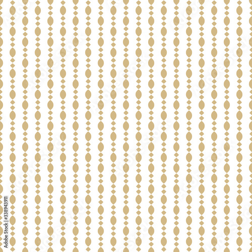 Vector golden seamless pattern with chains, beads, ovals, diamond shapes, vertical bands. Stylish white and gold abstract background. Luxury ornamental texture. Minimal repeat design for decor, covers
