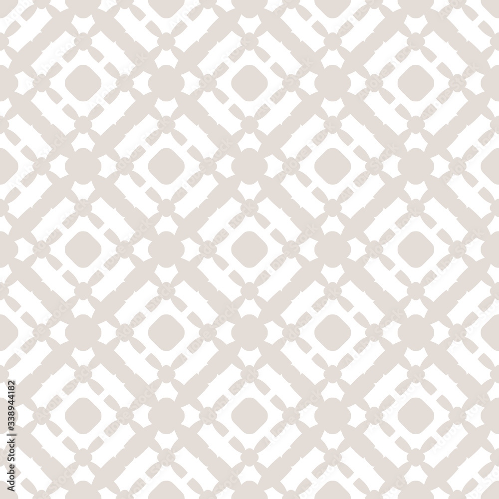 Subtle vector seamless pattern with grid, lattice, cross, circles. Beige and white background. Simple geometric texture. Delicate abstract ornament. Repeat design for decoration, gift paper, prints