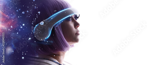 Beautiful woman with purple hair in futuristic costume over white background. Girl in glasses of virtual reality. Augmented reality, game, future technology, AI concept. VR. Blue, violet neon light.
 photo
