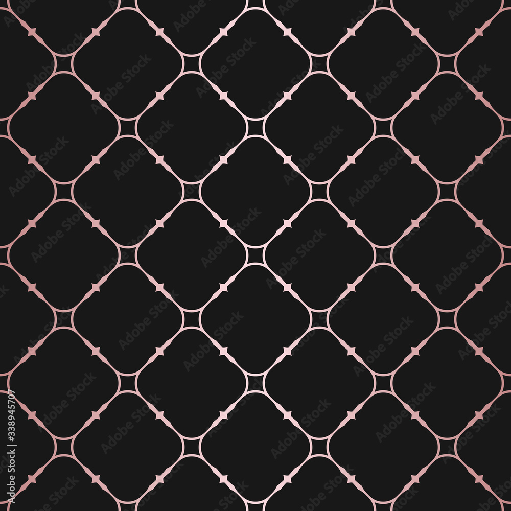 Naklejka premium Rose gold geometric seamless pattern. Vector metallic copper lines on black background. Golden ornament with square grid, lattice, net, mesh. Abstract ornate graphic texture. Luxury repeatable design