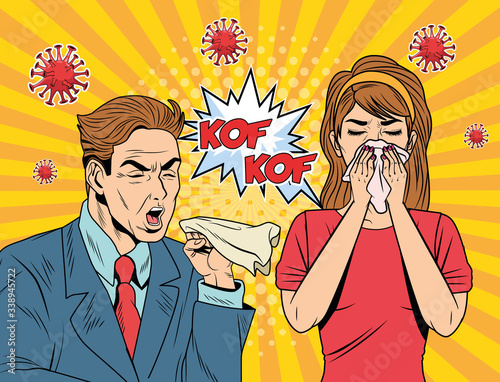 couple sick with covid19 particles pop art style