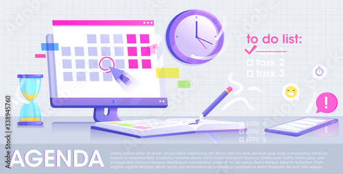 Agenda website concept banner. The monitor screen with a calendar and daily notebook with pencil and phone with application. Vector illustration flat design.