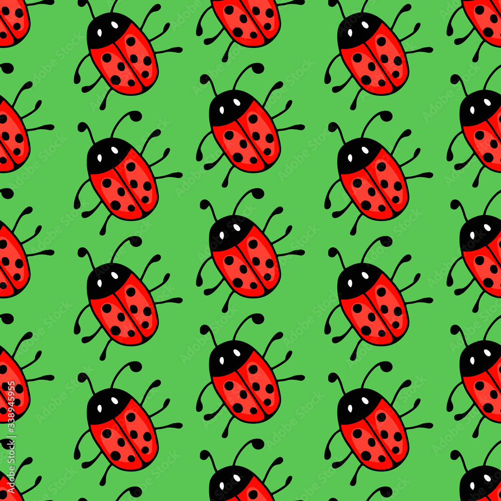 Ladybug vector seamless pattern on green background. Design for gift wrap, cover, fabric, cards, wallpapers, backdrops, panels. Ladybug vector seamless pattern on green background. Design for gift wrap, cover, fabric, cards, wallpapers, backdrops, panels.