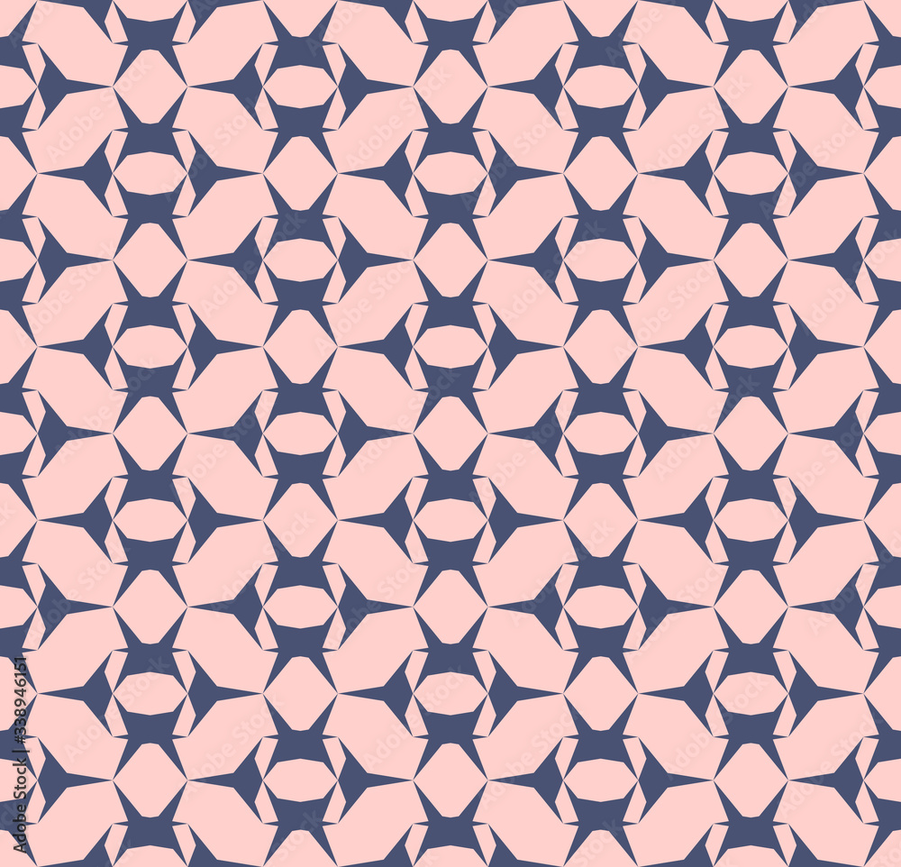 Fototapeta premium Vector abstract geometric seamless pattern. Light pink and navy blue color. Simple geometrical texture with triangles, edgy shapes, grid, net. Cute minimal repeat design for decor, wallpapers, textile