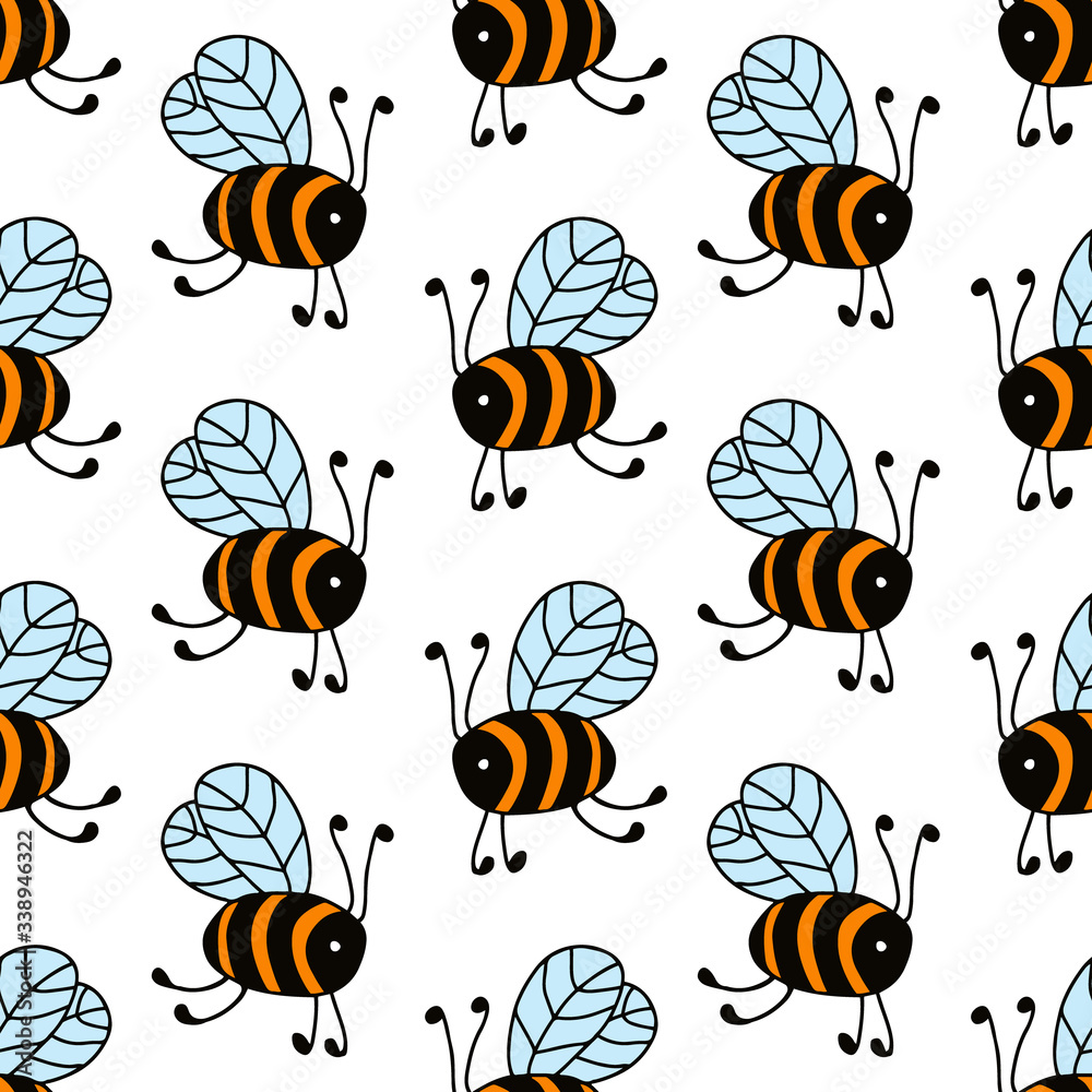 Flying bees in cartoon style isolated on white background. Vector seamless pattern. Design for gift wrap, cover, fabric, cards, wallpapers, backdrops, panels. Flying bees in cartoon style isolated on white background. Vector seamless pattern. Design for gift wrap, cover, fabric, cards, wallpapers, backdrops, panels.