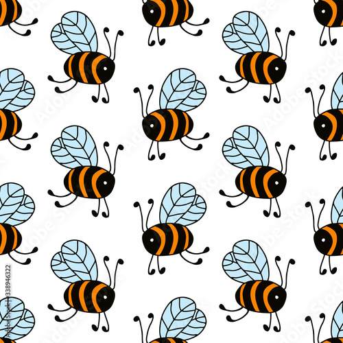 Flying bees in cartoon style isolated on white background. Vector seamless pattern. Design for gift wrap  cover  fabric  cards  wallpapers  backdrops  panels. 