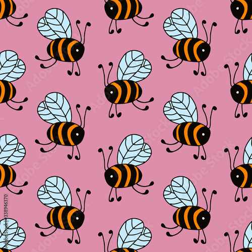 Flying bees in cartoon style on pink background. Vector seamless pattern. Design for gift wrap, cover, fabric, cards, wallpapers, backdrops, panels. 