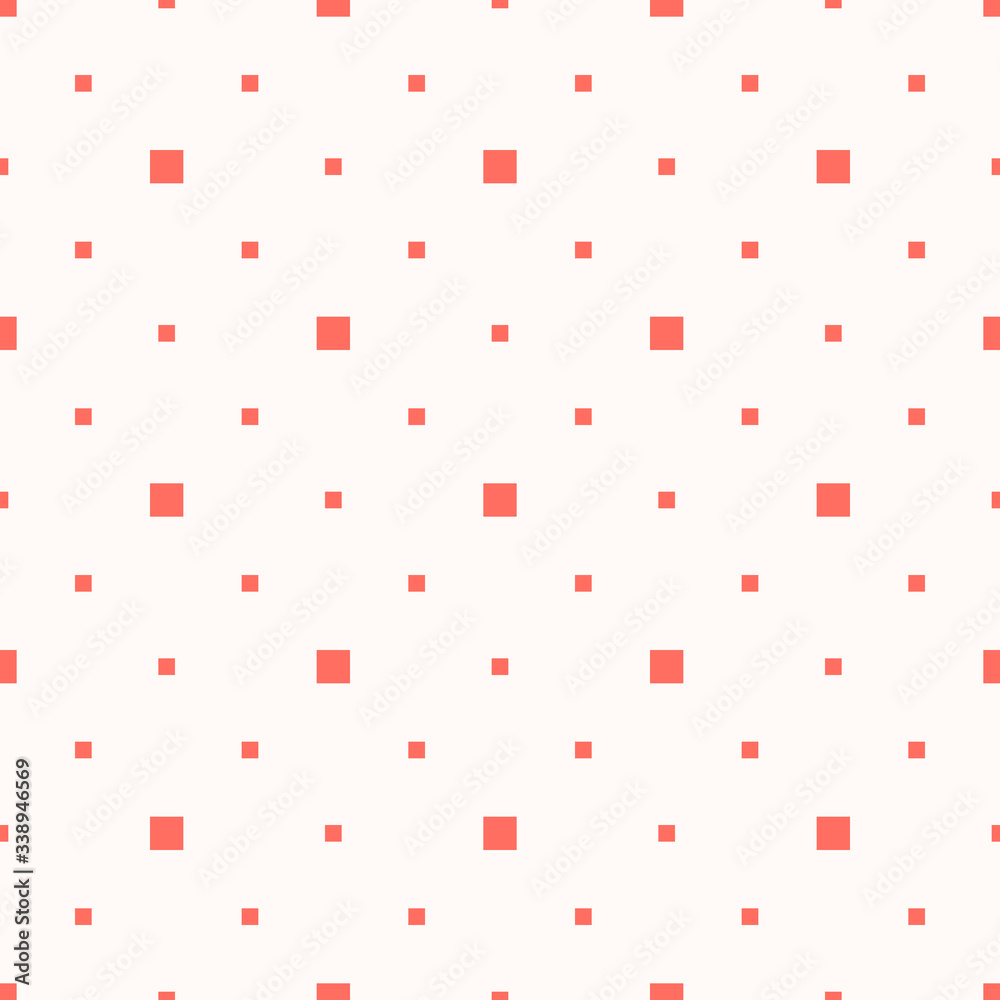 Simple minimalist geometric seamless pattern with small squares, dots, pixels. Vector abstract background in coral and white color. Subtle minimal texture. Repeat design for decor, fabric, wallpapers Simple minimalist geometric seamless pattern with small squares, dots, pixels. Vector abstract background in coral and white color. Subtle minimal texture. Repeat design for decor, fabric, wallpapers