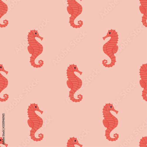 Seahorse vector seamless pattern. Cute hand draw pattern for kids on coral background. Cartoon seahorse for wrapping paper, fabric, textile, wallpaper, home decor