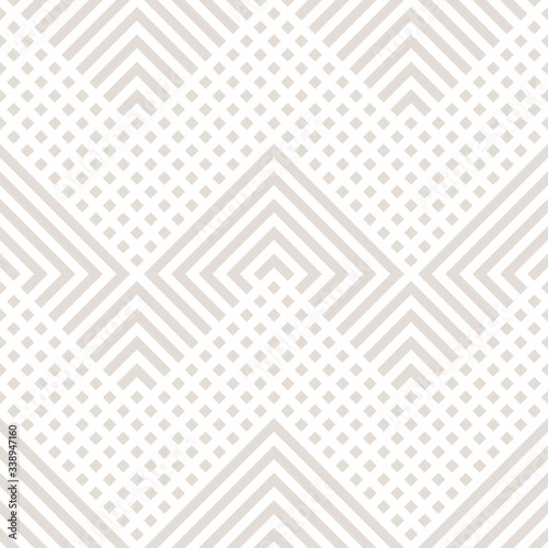 Vector geometric lines seamless pattern. Modern texture with diagonal stripes, broken lines, chevron, zigzag, squares. Simple abstract geometry. Subtle minimal beige and white graphic background