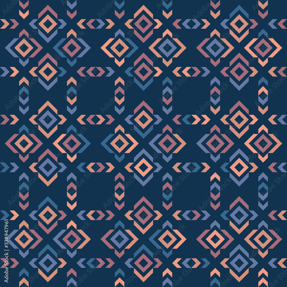 Fototapeta Vector geometric seamless pattern. Tribal ethnic motif. Abstract colorful texture with squares, triangles, arrows, grid. Folk style geometrical ornament. Blue, orange and lilac color. Boho design
