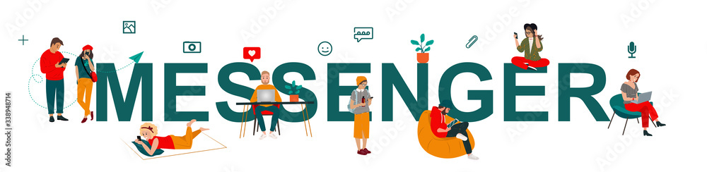 Fototapeta premium Messenger app banner with young people using smartphones, laptop, pc, tablet for texting messages via mobile messenger. Flat design of people standing near letters. Web banner chat App. Vector 