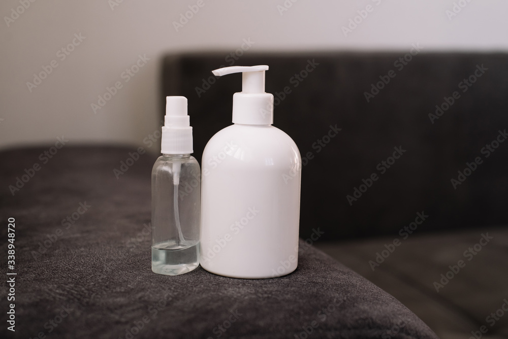 Set of germ protection with sanitizing gel and alcohol spray, prevent germs coronavirus or covid-19 (2019-ncov). Prevention of germs by yourself Set of germ protection with sanitizing gel and alcohol spray, prevent germs coronavirus or covid-19 (2019-ncov). Prevention of germs by yourself