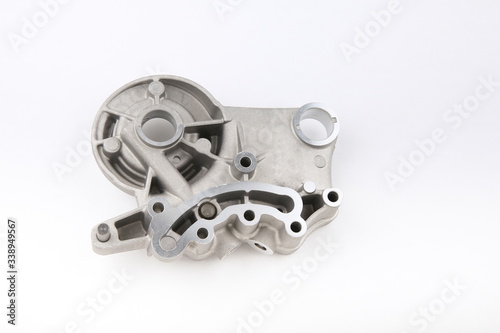 aluminium car engine part on white background top view with copy space