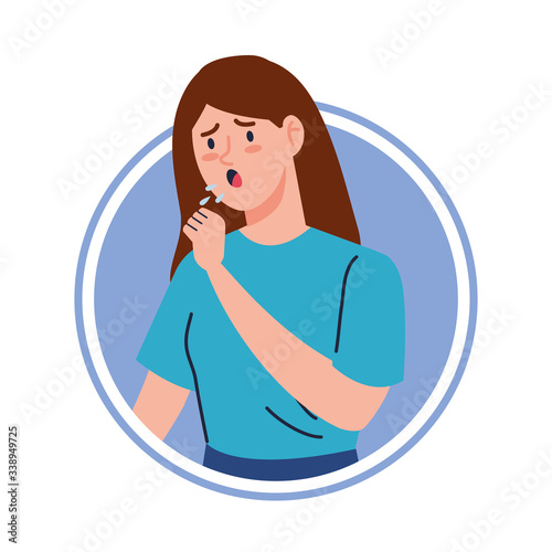 woman with cough sick of covid 19 in frame circular vector illustration design