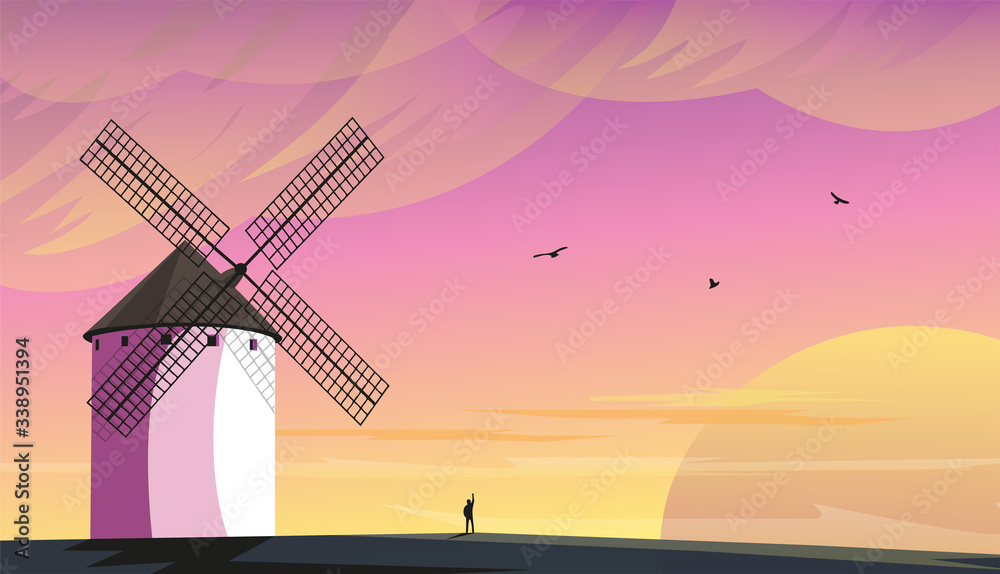 Obraz premium Beautiful landscape with a windmill, vector illustration.