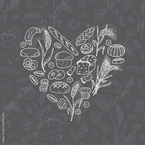 Pastries. Bakery. Bread Baking Vector Set in Heart shaped. Hand drawn Doodles illustration
