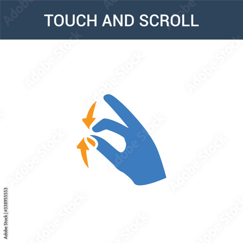 two colored Touch and scroll gesture concept vector icon. 2 color Touch and scroll gesture vector illustration. isolated blue and orange eps icon on white background.