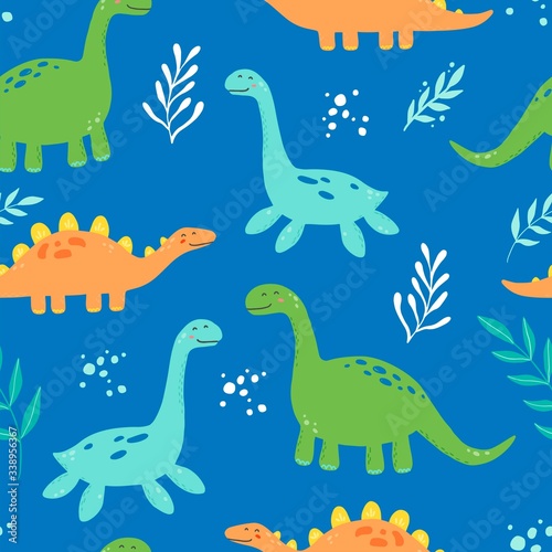 Cute dinosaur seamless pattern for kids  baby textile  wallpaper  nursery design. Funny little dino of hand drawn style. Vector illustration.
