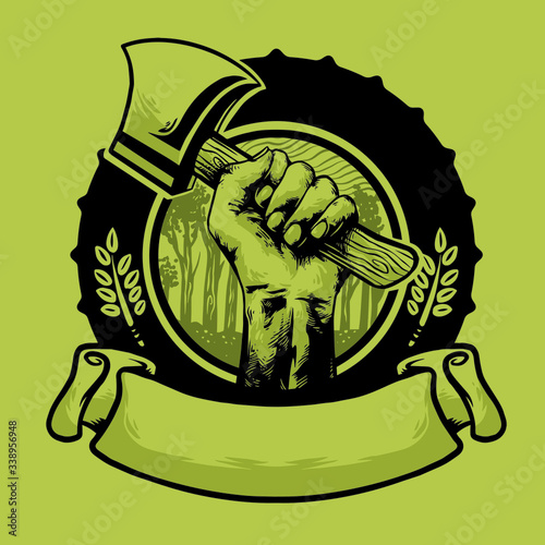 hand with axe and banner logo design vector mascot