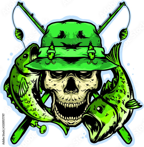 skull head with fishing equipment and salmons