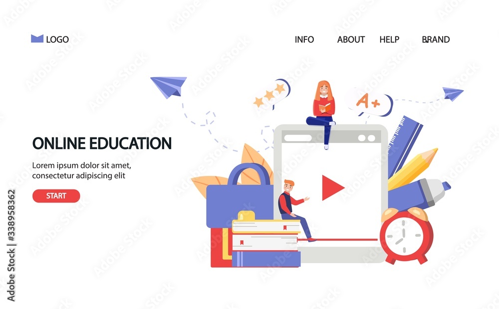 Online education concept with small people studying near big tablet, pen, pencil. Flat style vector illustration on white background, landing page design.