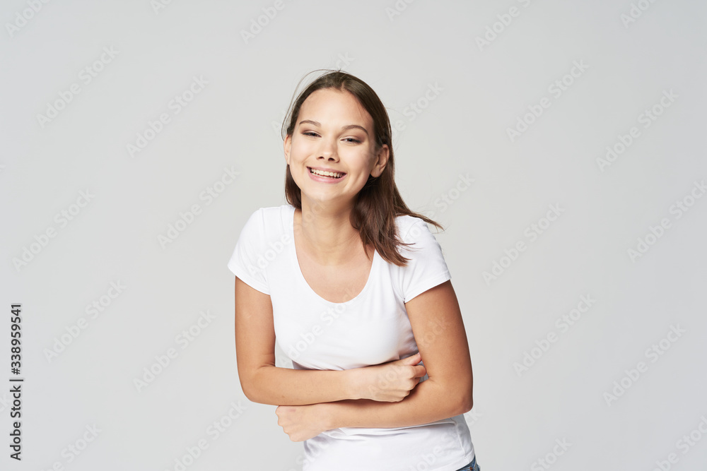 Cheerful woman smile studio fashion lifestyle gray background Cheerful woman smile studio fashion lifestyle gray background