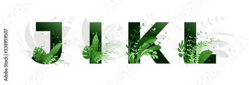 Vector illustration. Flower font alphabet j,i,k,l. Green letters and elements of nature, branches leaves and birds