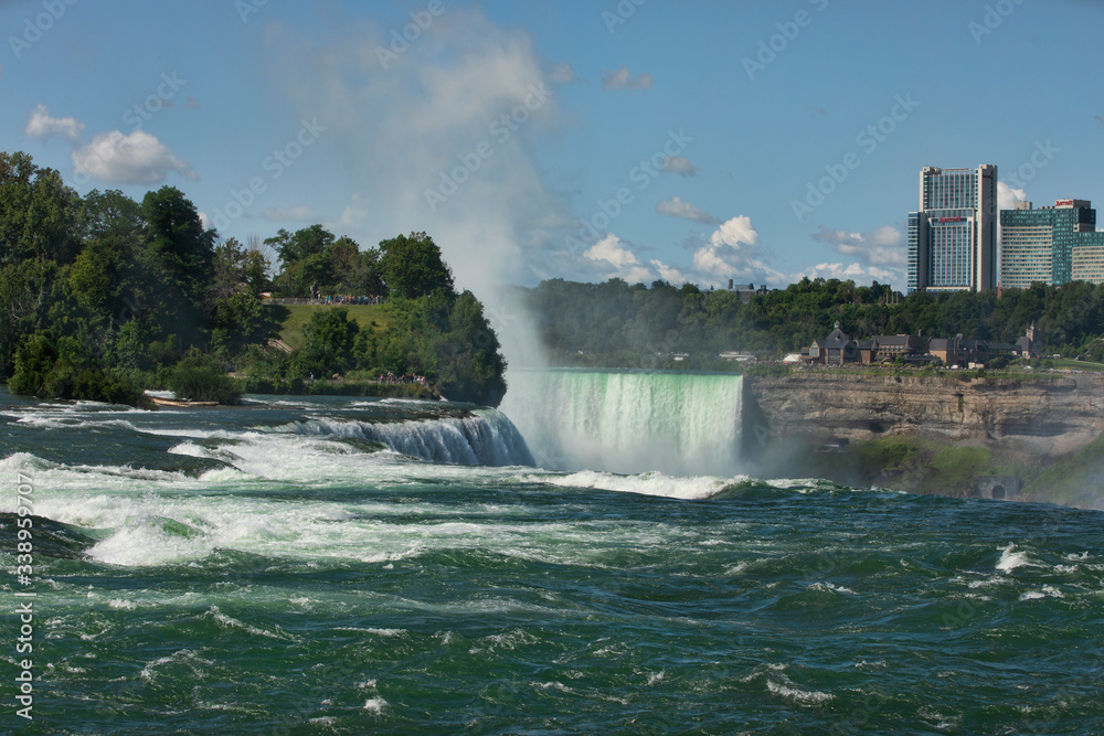Niagara Falls New York day top of falls view. Waterfalls at the border of US state of New York and Canadian province of Ontario. Drains Lake Erie into Lake Ontario.