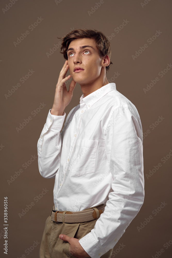 Business man white shirt Office manager finance beige background Business man white shirt Office manager finance beige background