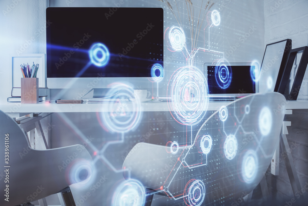 Double exposure of data theme drawing and office interior background. Concept of technology. Double exposure of data theme drawing and office interior background. Concept of technology.