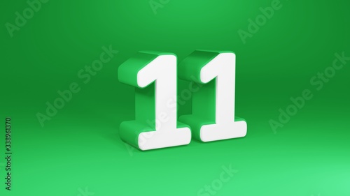 Number 11 in white on green background, isolated number 3d render