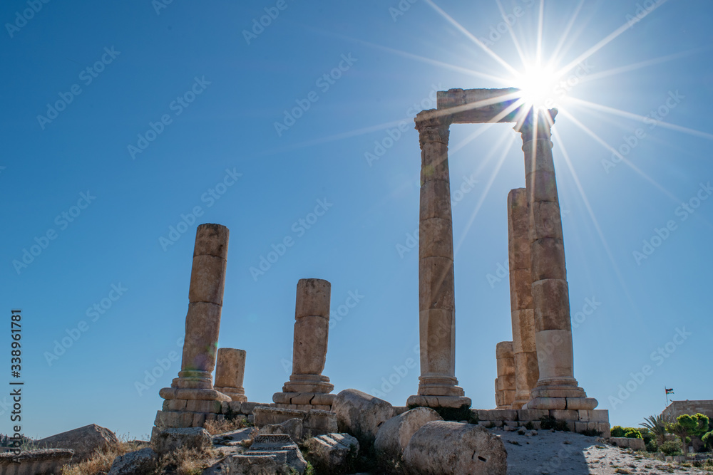 Sunburst on the ancient ruins of the Temple of Hercules at the Amman Citadel, Amman Jordan