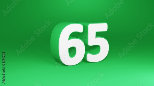 Number 65 in white on green background, isolated number 3d render