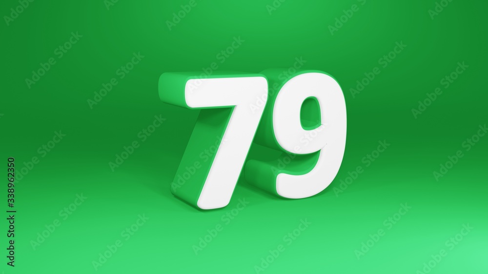 Number 79 in white on green background, isolated number 3d render Number 79 in white on green background, isolated number 3d render