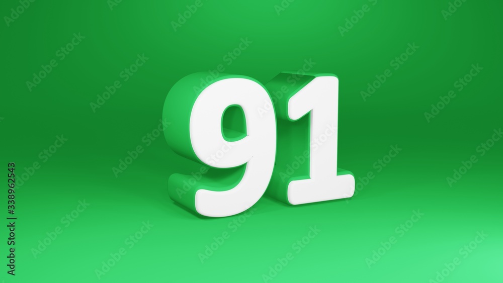 Number 91 in white on green background, isolated number 3d render Number 91 in white on green background, isolated number 3d render