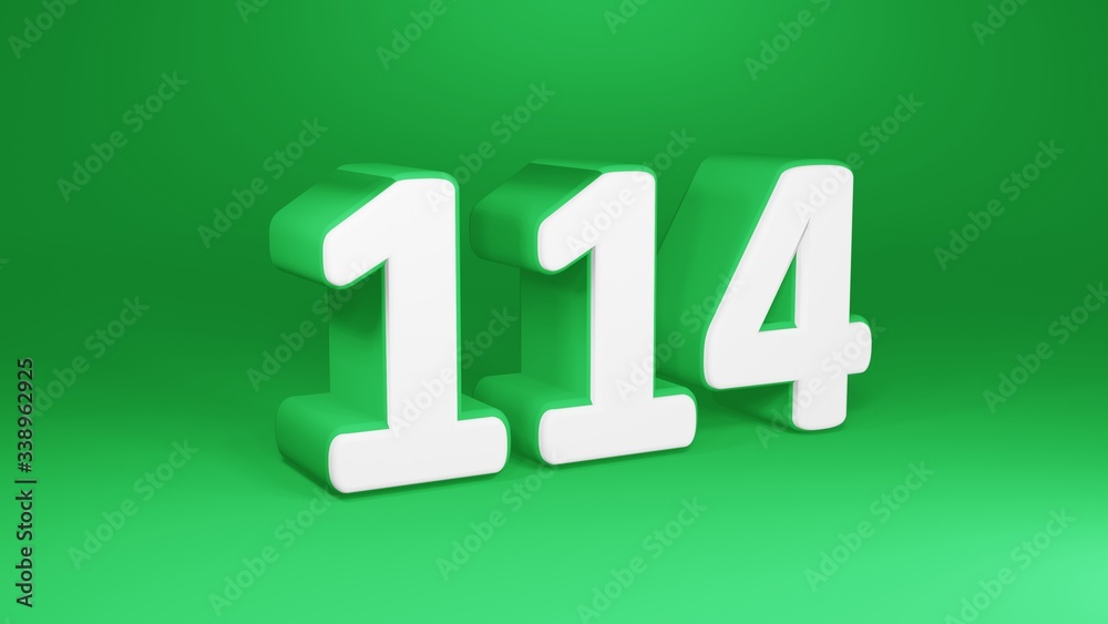 Number 114 in white on green background, isolated number 3d render Number 114 in white on green background, isolated number 3d render