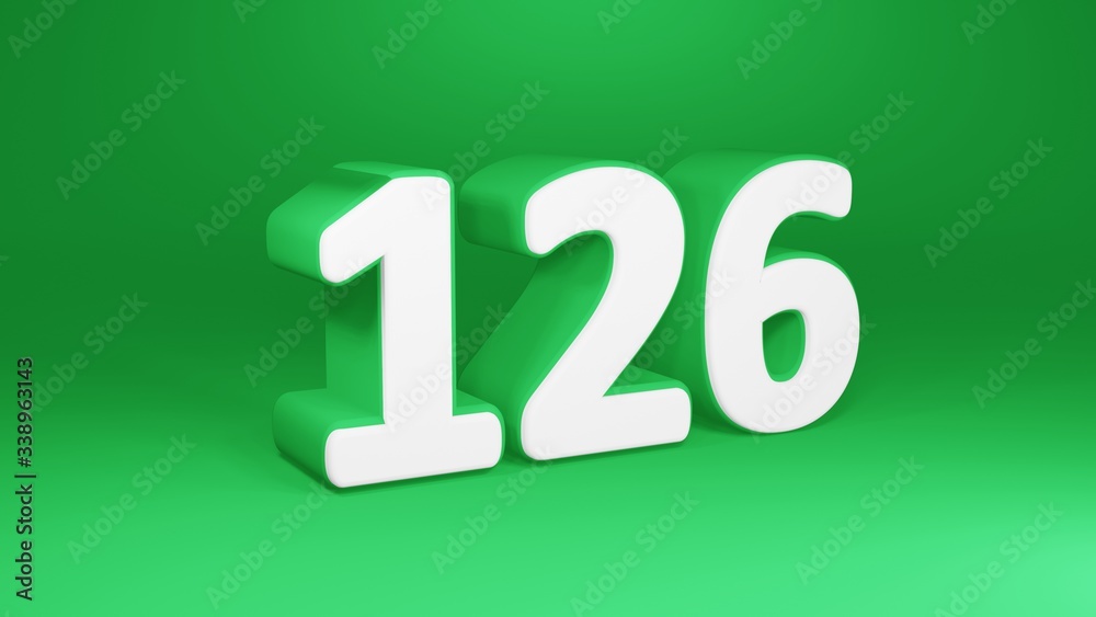 Number 126 in white on green background, isolated number 3d render Number 126 in white on green background, isolated number 3d render