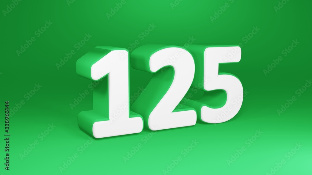 Number 125 in white on green background, isolated number 3d render Number 125 in white on green background, isolated number 3d render