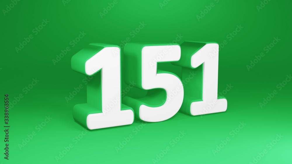 Number 151 in white on green background, isolated number 3d render Number 151 in white on green background, isolated number 3d render