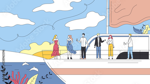 Concept Of Vacations On Cruise Ship. Smiling People Making Party on Yacht Ferry Ship, Drink Alcohol. Ocean Vacations, Sea Travel and Friendship. Cartoon Linear Outline Flat Style. Vector Illustration