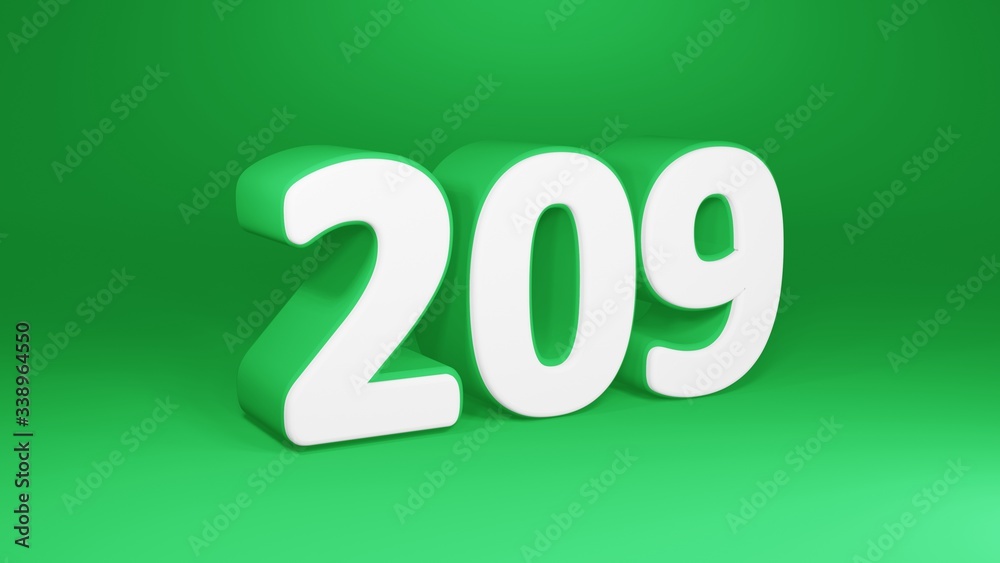Number 209 in white on green background, isolated number 3d render Number 209 in white on green background, isolated number 3d render