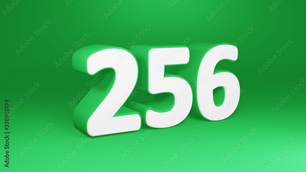 Number 256 in white on green background, isolated number 3d render Number 256 in white on green background, isolated number 3d render