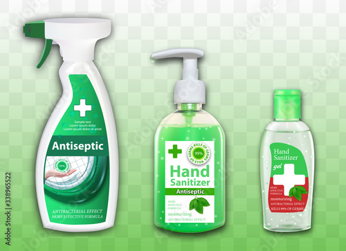 Set of packages of antiseptic for hands and surfaces on transparent background. Spray dispenser and bottles. Sanitizer ads in containers with leaves elements. Vector
