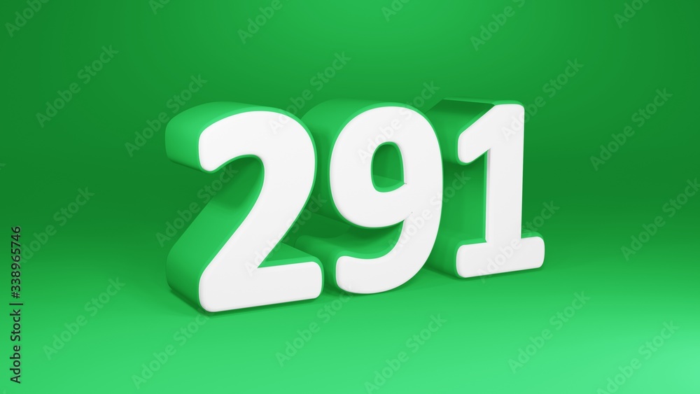 Number 291 in white on green background, isolated number 3d render Number 291 in white on green background, isolated number 3d render