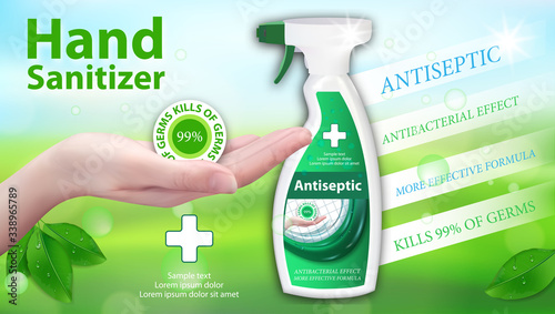 Antiseptic for hands spray dispenser. Hand Sanitizer ads in container with leaves elements. Antibacterial effect, best protection against viruses. Horizontal banner. Vector