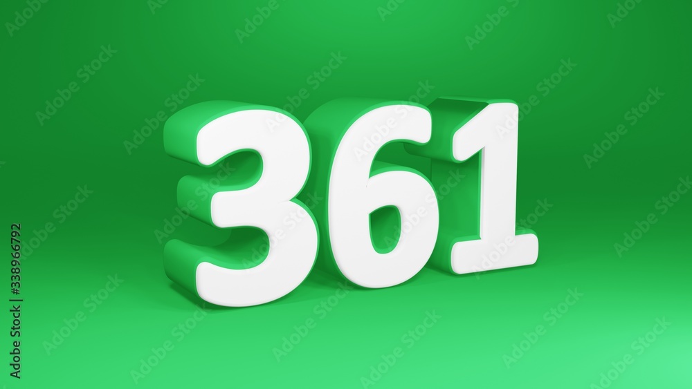 Number 361 in white on green background, isolated number 3d render Number 361 in white on green background, isolated number 3d render