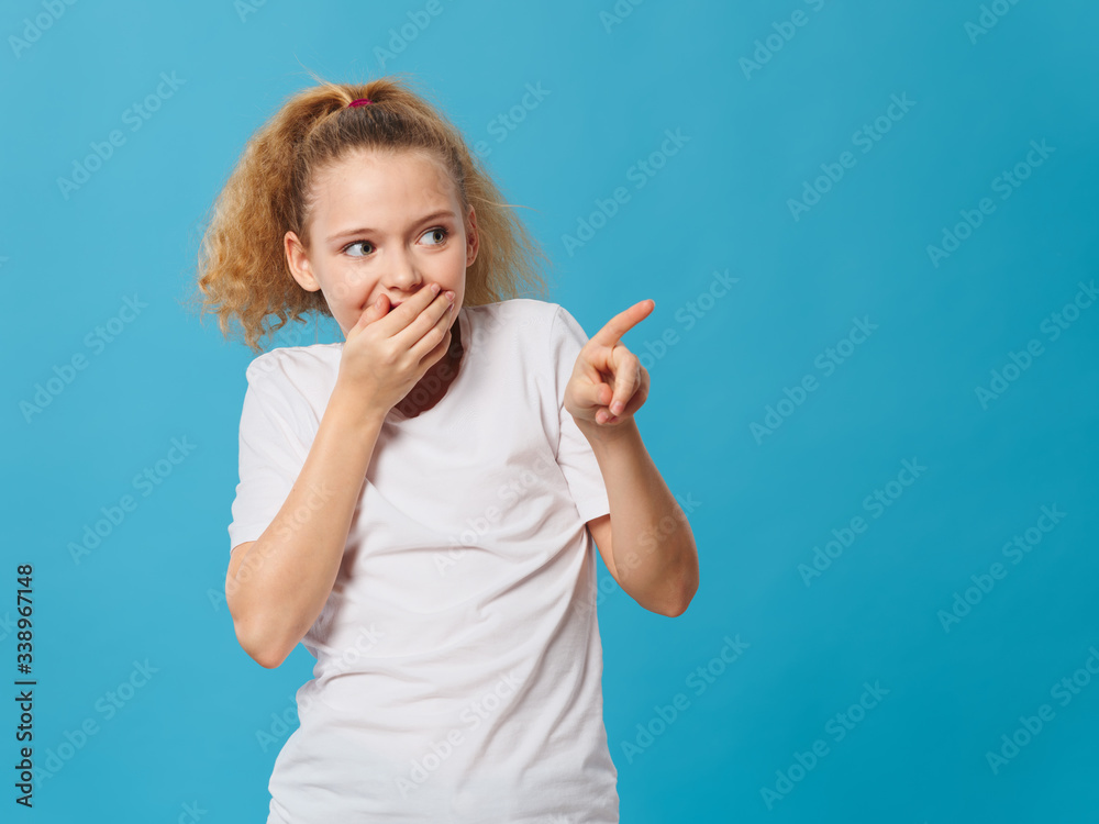 Cheerful girl curly hair smile studio lifestyle Cheerful girl curly hair smile studio lifestyle